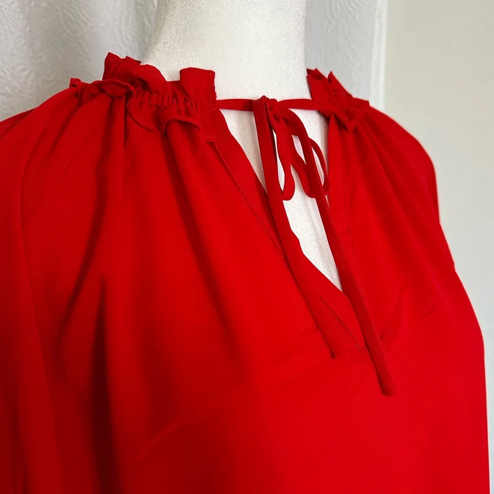 NWOT Doe & Rae Long Sleeve Red V-Neck Blouse with Ruffles and Neck Tie - Picture 4 of 5
